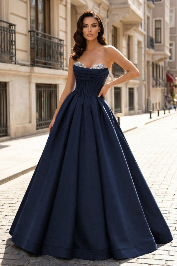 A-Line Beaded Sweetheart Royal Blue Satin Prom Dress – Prom Dresses by KissProm | Available at KissProm