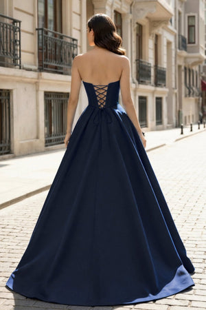A-Line Beaded Sweetheart Royal Blue Satin Prom Dress – Prom Dresses by KissProm | Available at KissProm