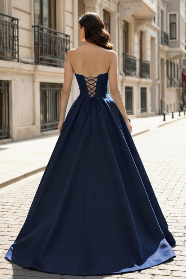 A-Line Beaded Sweetheart Royal Blue Satin Prom Dress – Prom Dresses by KissProm | Available at KissProm
