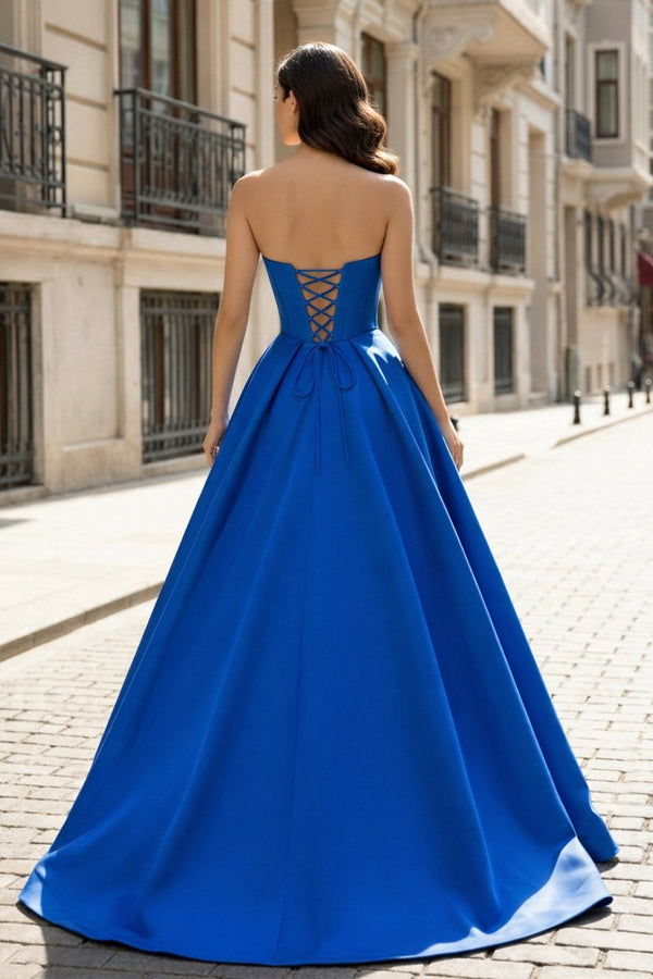A-Line Beaded Sweetheart Royal Blue Satin Prom Dress – Prom Dresses by KissProm | Available at KissProm