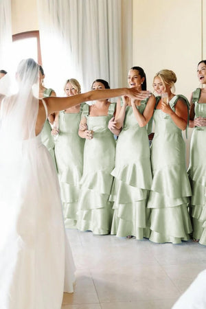Light Blue Straps with Bows Mermaid Satin Tiered Long Bridesmaid Dress – Bridesmaid Dresses by KissProm | Available at KissProm