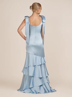 Light Blue Straps with Bows Mermaid Satin Tiered Long Bridesmaid Dress – Bridesmaid Dresses by KissProm | Available at KissProm