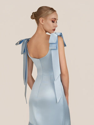 Light Blue Straps with Bows Mermaid Satin Tiered Long Bridesmaid Dress – Bridesmaid Dresses by KissProm | Available at KissProm