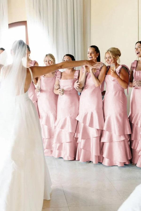 Light Blue Straps with Bows Mermaid Satin Tiered Long Bridesmaid Dress – Bridesmaid Dresses by KissProm | Available at KissProm