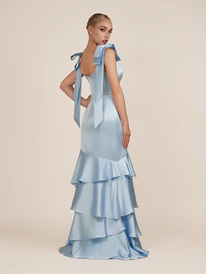 Light Blue Straps with Bows Mermaid Satin Tiered Long Bridesmaid Dress – Bridesmaid Dresses by KissProm | Available at KissProm