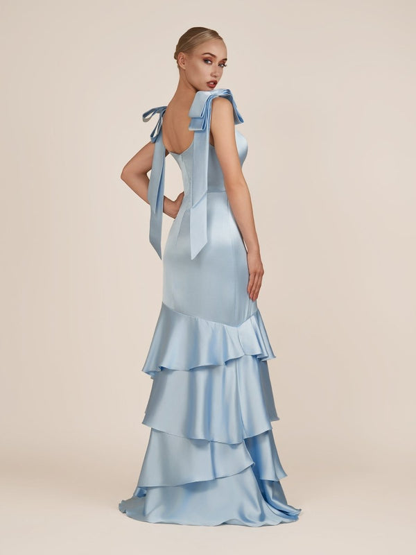 Light Blue Straps with Bows Mermaid Satin Tiered Long Bridesmaid Dress – Bridesmaid Dresses by KissProm | Available at KissProm
