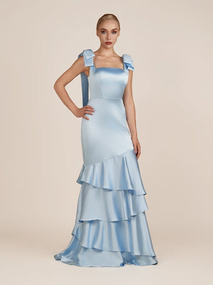 Light Blue Straps with Bows Mermaid Satin Tiered Long Bridesmaid Dress – Bridesmaid Dresses by KissProm | Available at KissProm