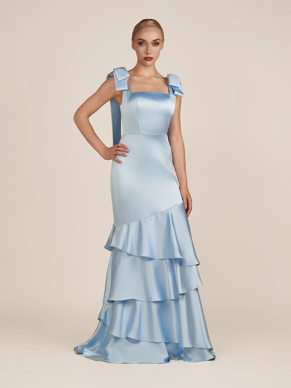 Light Blue Straps with Bows Mermaid Satin Tiered Long Bridesmaid Dress – Bridesmaid Dresses by KissProm | Available at KissProm