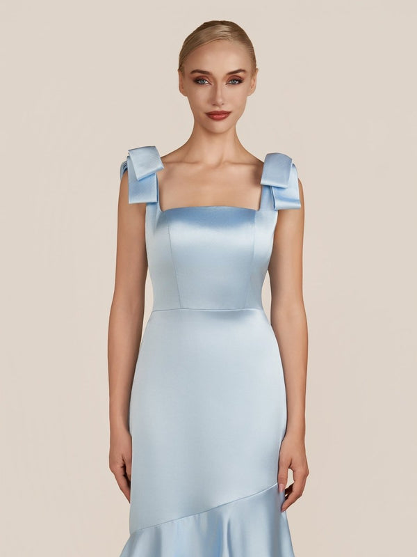 Light Blue Straps with Bows Mermaid Satin Tiered Long Bridesmaid Dress – Bridesmaid Dresses by KissProm | Available at KissProm