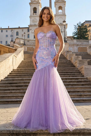 Lilac Sheath Strapless Tulle Pleated Long Prom Dresses With Beading - KissProm
