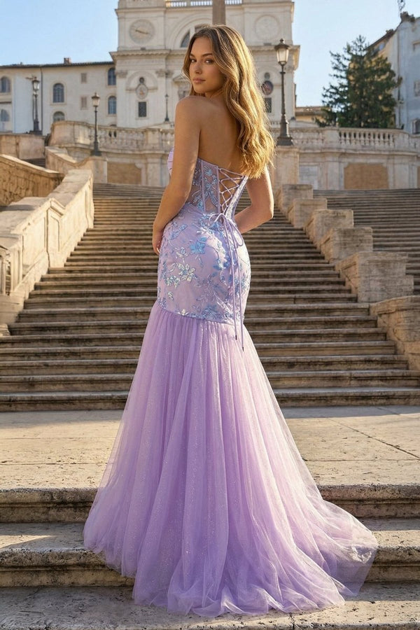Lilac Sheath Strapless Tulle Pleated Long Prom Dresses With Beading - KissProm