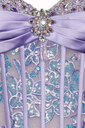 Lilac Sheath Strapless Tulle Pleated Long Prom Dresses With Beading - KissProm