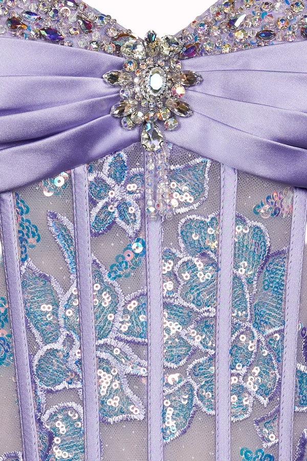 Lilac Sheath Strapless Tulle Pleated Long Prom Dresses With Beading - KissProm
