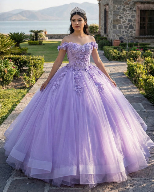 Lilac Tulle Appliques Quinceanera Ball Gown Dress - KissProm