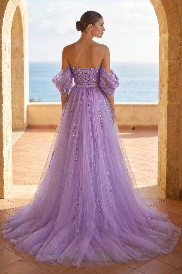 Sheath Sweetheart Prom Dresses Short Sleeve Detachable Sequined with Slit Overskirt - KissProm