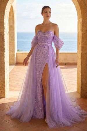 Sheath Sweetheart Prom Dresses Short Sleeve Detachable Sequined with Slit Overskirt - KissProm