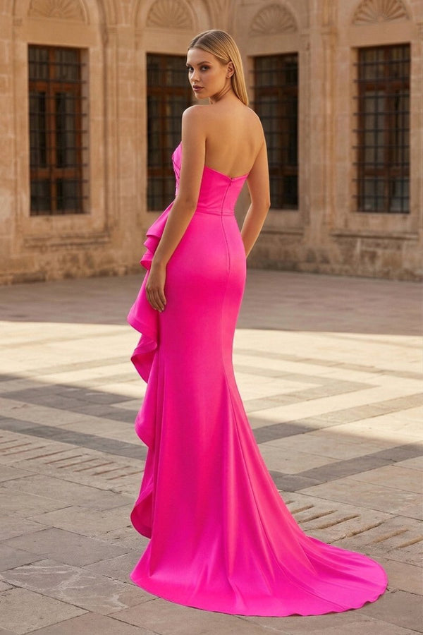 Pink Mermaid Strapless Satin Ruffled Long Prom Dresses with Slit - KissProm