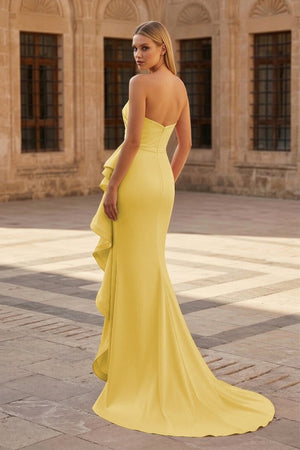 Pink Mermaid Strapless Satin Ruffled Long Prom Dresses with Slit - KissProm