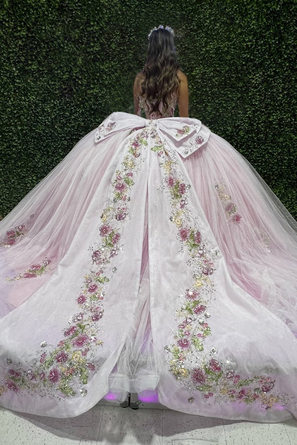 Pink - Off-The-Shoulder Tulle Appliqued Quinceanera Dress With Bow – Quinceanera Dresses by KissProm | Available at KissProm