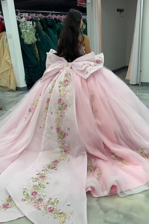 Pink - Off-The-Shoulder Tulle Appliqued Quinceanera Dress With Bow – Quinceanera Dresses by KissProm | Available at KissProm