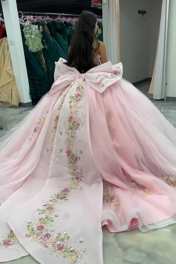 Pink - Off-The-Shoulder Tulle Appliqued Quinceanera Dress With Bow – Quinceanera Dresses by KissProm | Available at KissProm
