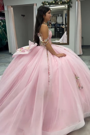 Pink - Off-The-Shoulder Tulle Appliqued Quinceanera Dress With Bow – Quinceanera Dresses by KissProm | Available at KissProm