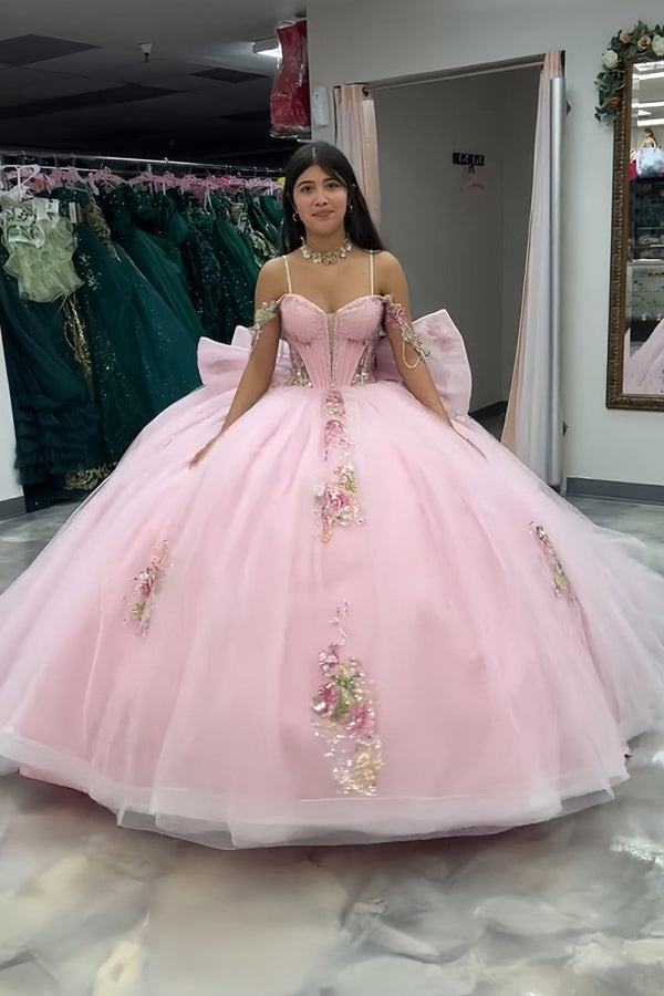 Pink - Off-The-Shoulder Tulle Appliqued Quinceanera Dress With Bow – Quinceanera Dresses by KissProm | Available at KissProm