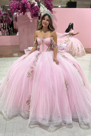 Pink - Off-The-Shoulder Tulle Appliqued Quinceanera Dress With Bow – Quinceanera Dresses by KissProm | Available at KissProm