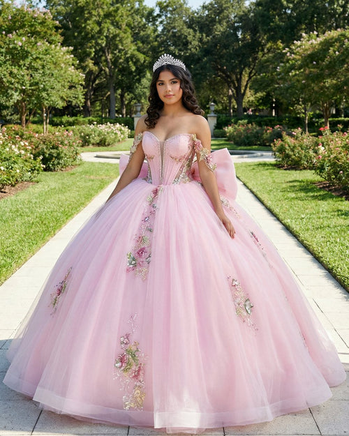 Pink - Off-The-Shoulder Tulle Appliqued Quinceanera Dress With Bow – Quinceanera Dresses by KissProm | Available at KissProm