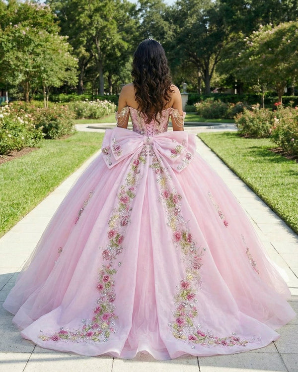 Pink - Off-The-Shoulder Tulle Appliqued Quinceanera Dress With Bow – Quinceanera Dresses by KissProm | Available at KissProm