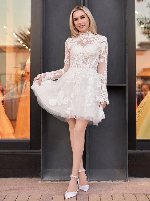 Marilla | Short White A-Line Illusion Neck Long Sleeves Lace Wedding Dresses