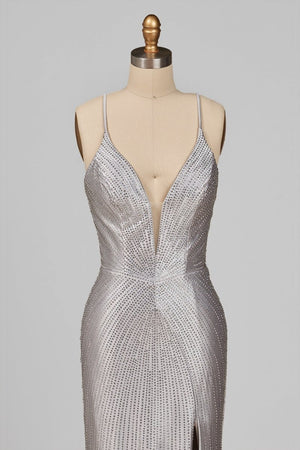 Loria | Silver - V Neck Mermaid Satin Beaded Long Formal Prom Dresses With Slit - KissProm