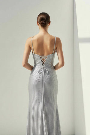 Loria | Silver - V Neck Mermaid Satin Beaded Long Formal Prom Dresses With Slit - KissProm