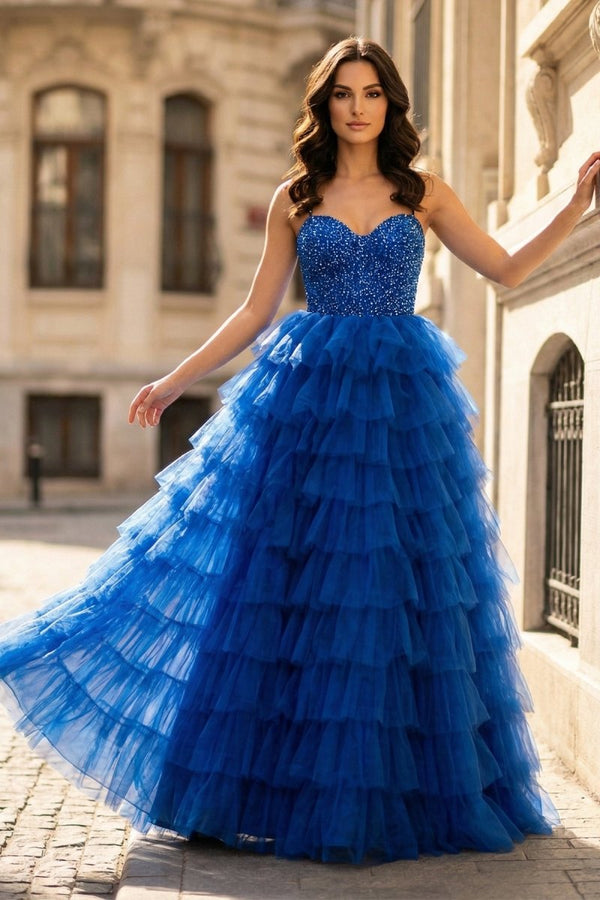 Spaghetti Straps Sweetheart Layered Tulle Formal Prom Dress with Slit - KissProm