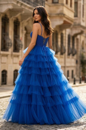 Spaghetti Straps Sweetheart Layered Tulle Formal Prom Dress with Slit - KissProm