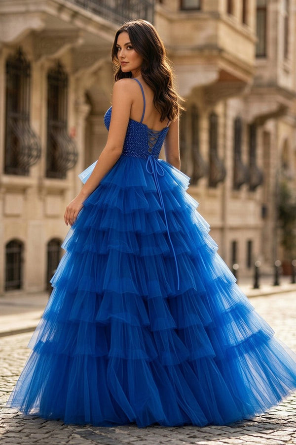 Spaghetti Straps Sweetheart Layered Tulle Formal Prom Dress with Slit - KissProm
