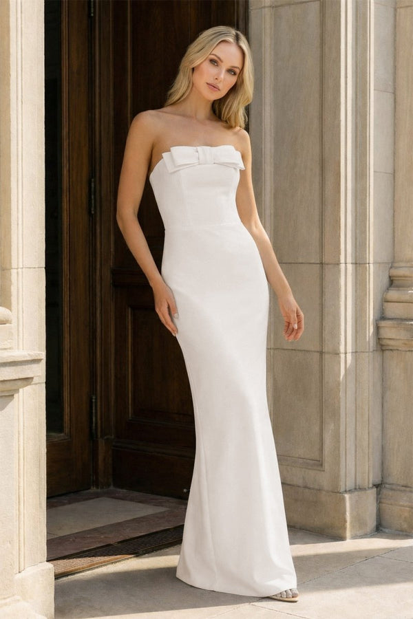Yellow Strapless Sheath Satin Long Formal Prom Dresses With Bow – Prom Dress by KissProm | Available at KissProm