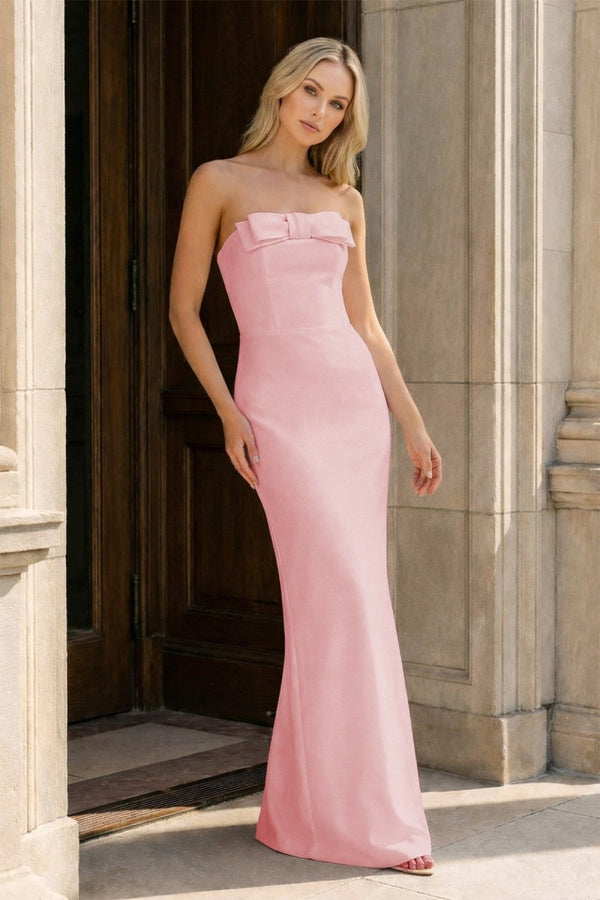 Yellow Strapless Sheath Satin Long Formal Prom Dresses With Bow – Prom Dress by KissProm | Available at KissProm