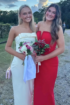Yellow Strapless Sheath Satin Long Formal Prom Dresses With Bow – Prom Dress by KissProm | Available at KissProm
