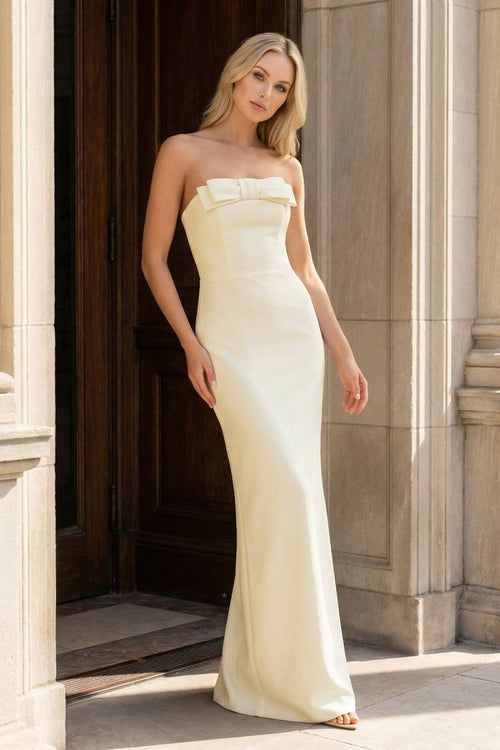 Yellow Strapless Sheath Satin Long Formal Prom Dresses With Bow – Prom Dress by KissProm | Available at KissProm