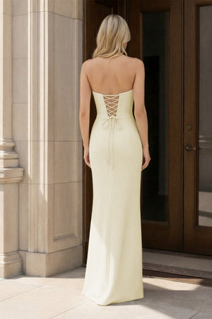 Yellow Strapless Sheath Satin Long Formal Prom Dresses With Bow – Prom Dress by KissProm | Available at KissProm