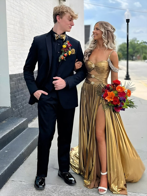 Lulu | Off the Shoulder Gold A-Line Metallic Pleated Long Formal Gown -KissProm