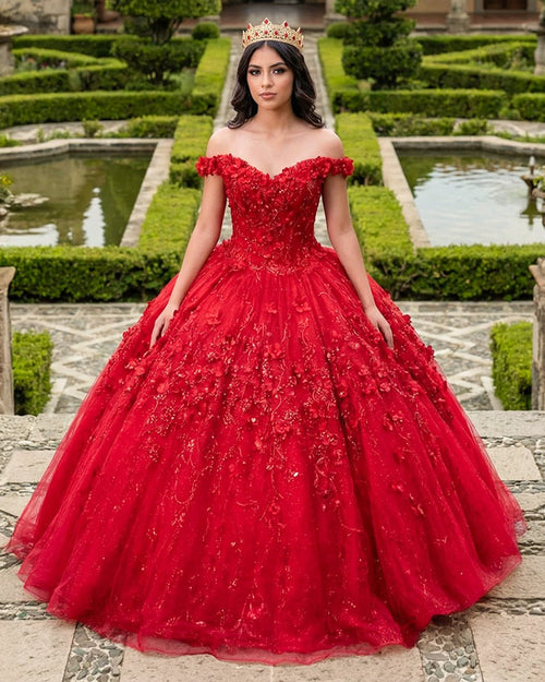Ball Gown Lace Off - the - Shoulder Red Quinceanera Dress - KissProm
