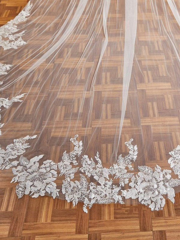 Luxury Floral Lace Cathedral Train Veil Bridal Veil Wedding Veil - KissProm