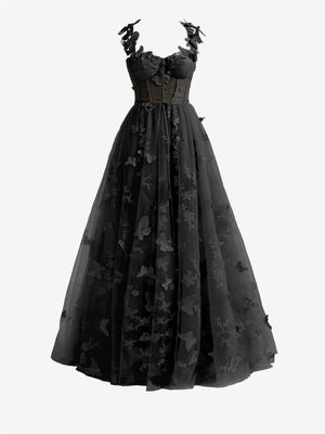Lydia | Black A-line Butterfly Lace Lilac Corset Prom Dress with Slit