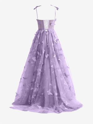 Lydia | Light Purple A-line Butterfly Lace Lilac Corset Prom Dress with Slit