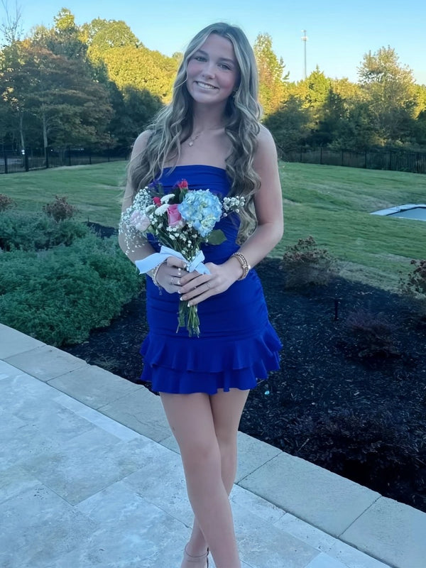 Maevira | Royal Blue - Strapless Bodycon Spandex Ruffles Short Homecoming Dresses
