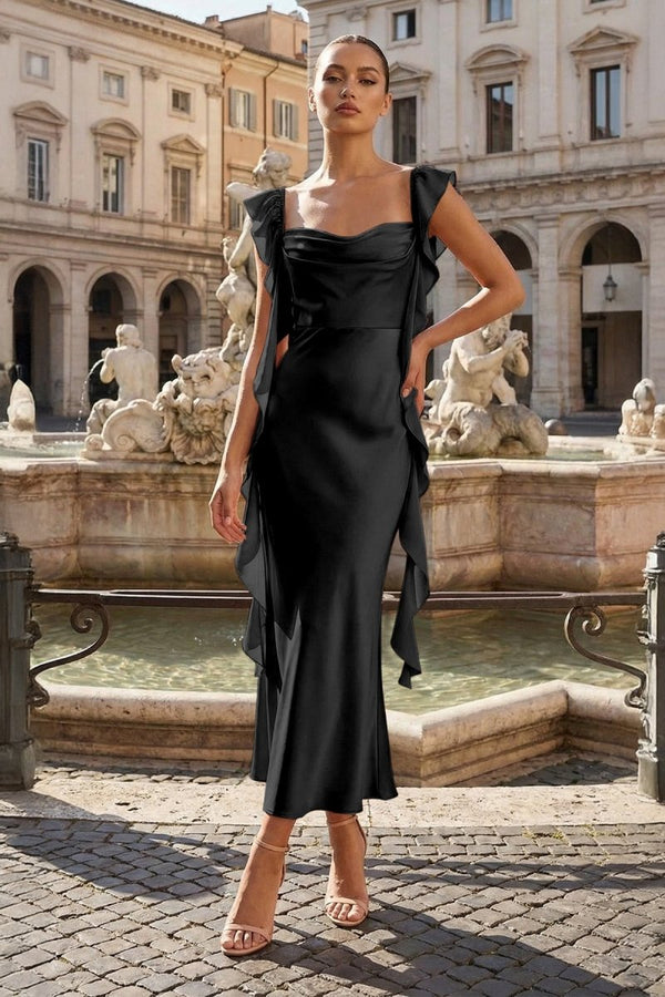Pink - Sheath Cowl Neck Satin Pleated Formal Prom Dresses With Ruffles - KissProm