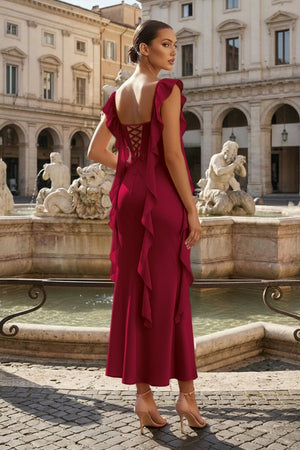 Pink - Sheath Cowl Neck Satin Pleated Formal Prom Dresses With Ruffles - KissProm