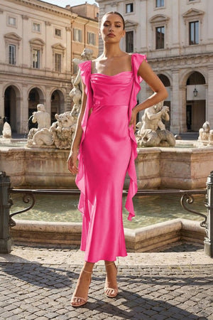 Pink - Sheath Cowl Neck Satin Pleated Formal Prom Dresses With Ruffles - KissProm